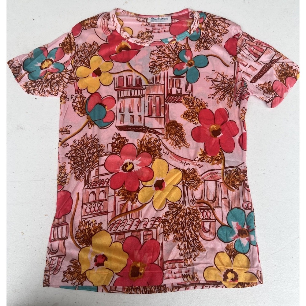 Vintage Retro Print Tee, 1970s Nylon Knit Bodycon Shirt, Sz M Parisienne NOS